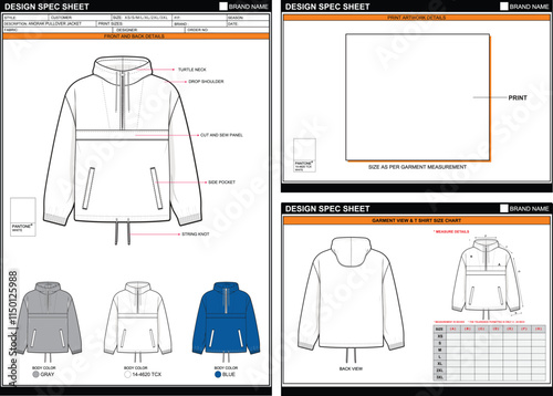 ANORAK PULLOVER JACKET EASY EDITABLE EMPTY TECHPACK MEASUREMENT LAYOUT TEMPLATE DESIGN