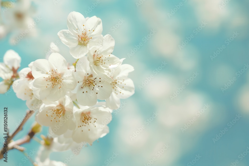 Delicate white cherry blossoms full bloom sunny day blue sky background Delicate white cherry blossoms full bloom sunny day blue sky background