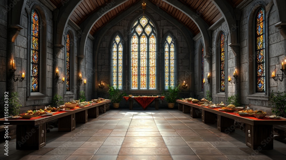 Fototapeta premium A grand, medieval hall with stone walls, stained glass windows, and long tables laden with food, evoking a historic and festive atmosphere.