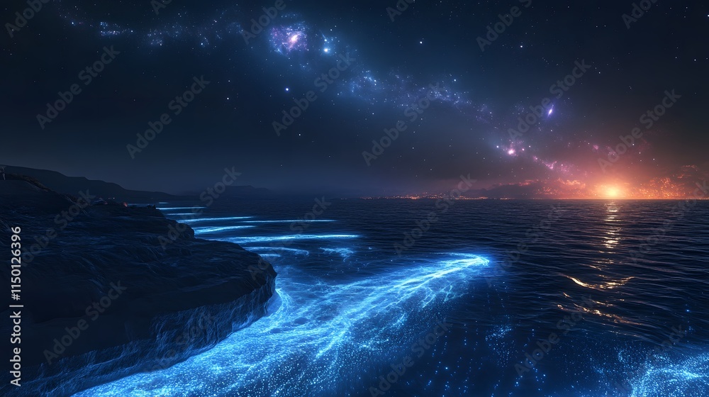 A glowing ocean where bioluminescent creatures swim under a radiant sky filled with swirling galaxies. A glowing ocean where bioluminescent creatures swim under a radiant sky filled with swirling galaxies.