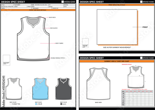 BASKETBALL JERSEY EASY EDITABLE EMPTY TECHPACK MEASUREMENT LAYOUT TEMPLATE DESIGN