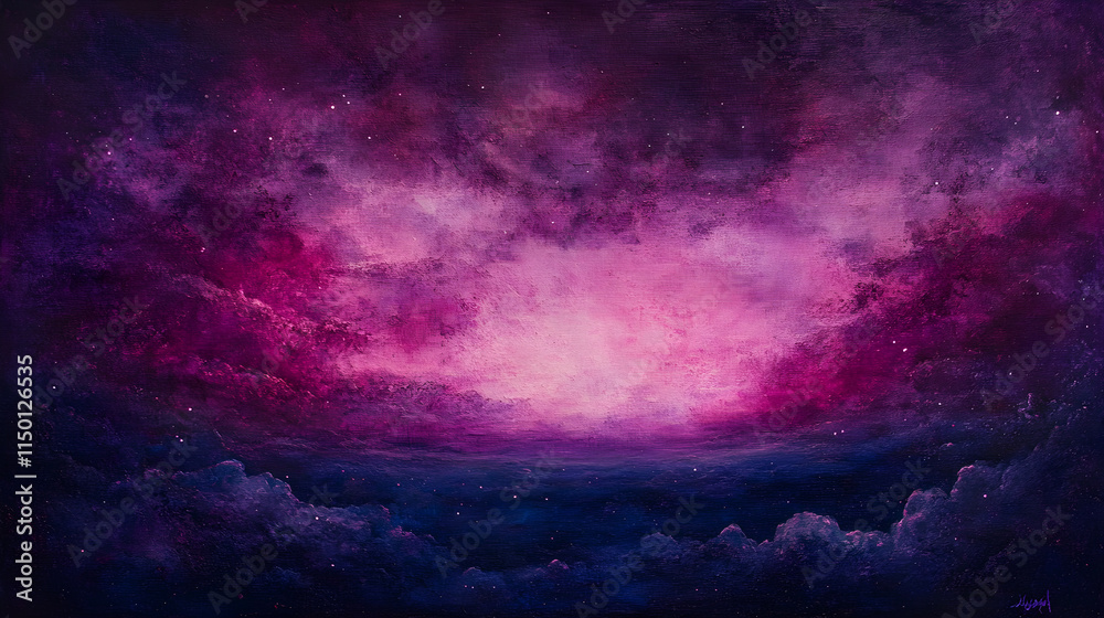 Fototapeta premium Celestial horizon blending radiant pink and purple light surrounded by shimmering nebula-like textures