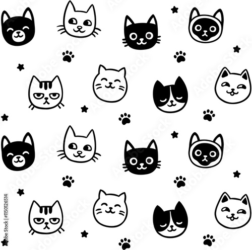 Cute cartoon cat faces doodle seamless pattern. Hand drawn black and white kitties, paws, stars. Simple vector background illustration.