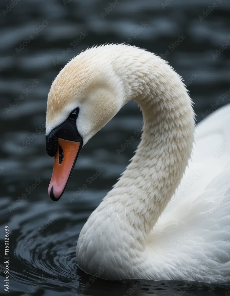 Fototapeta premium Elegant White Swan Gracefully Gliding on Dark Water