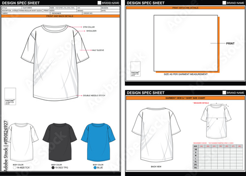 OVERSIZE WOMEN REGULAR SHORT SLEEVE EASY EDITABLE EMPTY TECHPACK MEASUREMENT LAYOUT TEMPLATE DESIGN