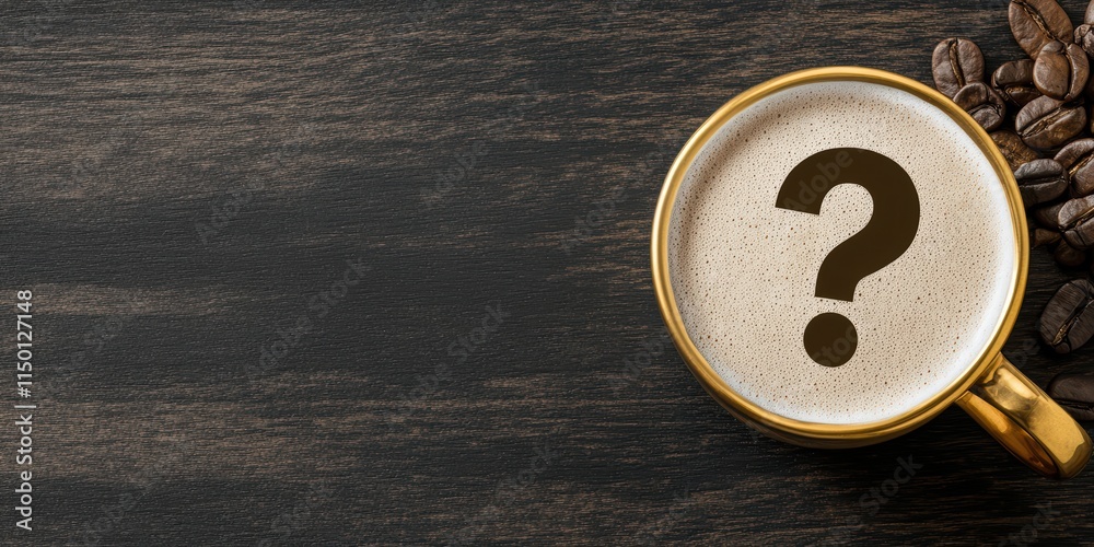 Creamy Coffee on Rustic Background with Mystery Question Mark Creamy Coffee on Rustic Background with Mystery Question Mark