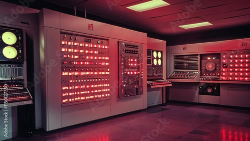 Vintage Computer Room Retro Technology Red Lights Data Center 1970s