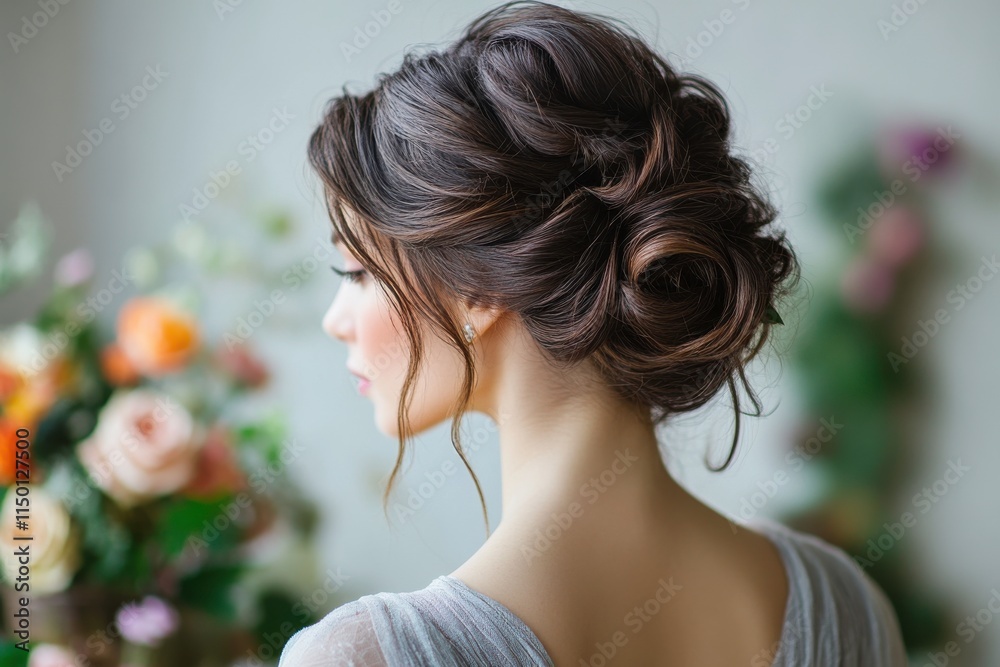 Naklejka premium Elegant Updo Hairstyle with Soft Lighting in Background