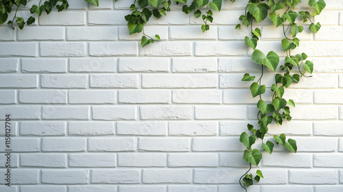 Lush Green Ivy Creeping on White Brick Wall: Nature Meets Urban Texture
