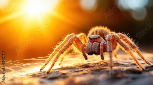 A vividly detailed spider is shown close-up with glowing colors, highlighting its unique facial features against a warmly lit, bokeh background. photo