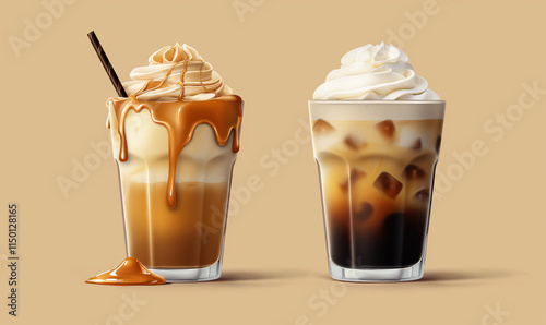 Caramel latte with cinnamon in glass glasses.Caramel latte with whipped cream and caramel sauce. Sweet coffee drink. caramel macchiato. Place for text. Copy space.