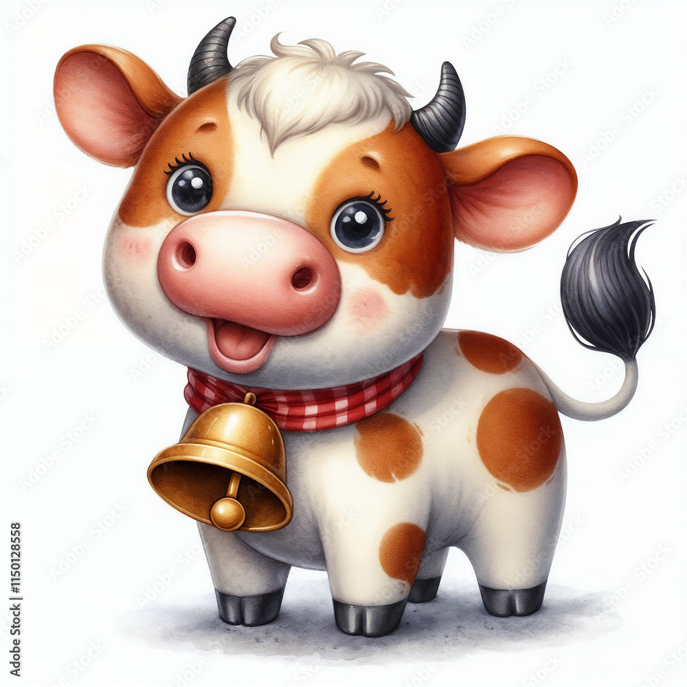 Cute cartoon cow standing in green grass with flowers in a bright, cheerful setting Cute cartoon cow standing in green grass with flowers in a bright, cheerful setting