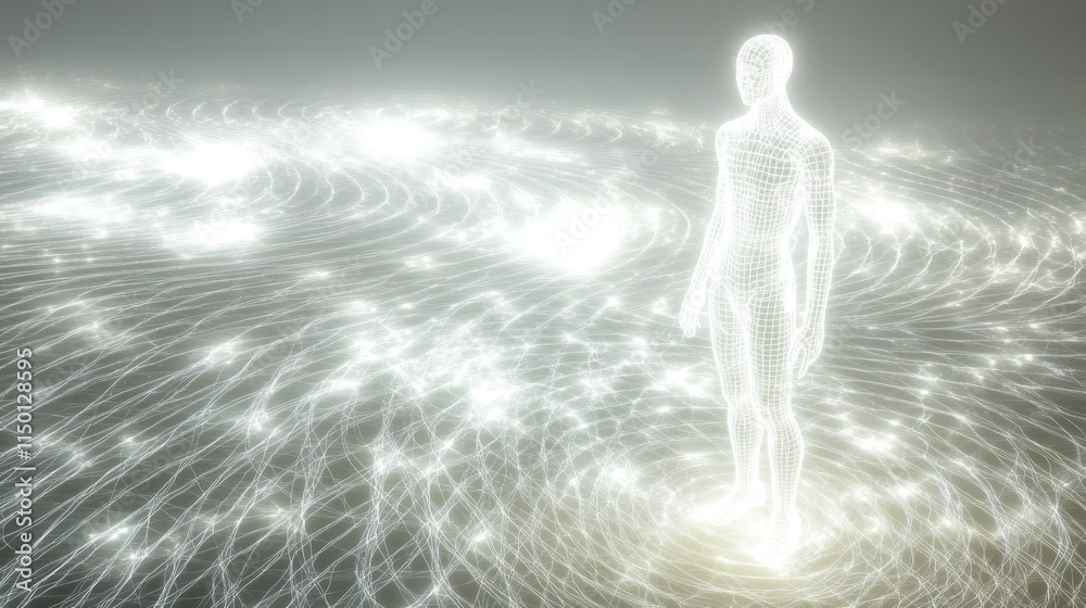 A humanoid made of pure white light, standing in a glowing field of energy circles, emitting soft radiant waves A humanoid made of pure white light, standing in a glowing field of energy circles, emitting soft radiant waves