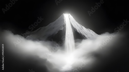 A glowing white mountain shrouded in fog its Vantablack waterfall appearing like a gash in the fabric of reality.