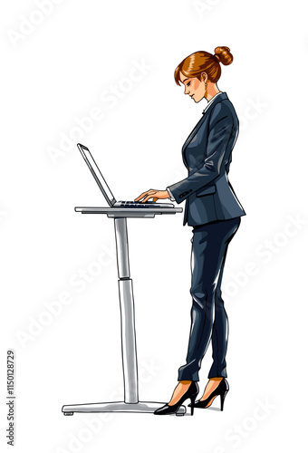 Business woman working at adjustable ergonomic desk with laptop. Lady boss wearing suit and high heels. Vector sketch style hand drawn illustration isolated on transparent background