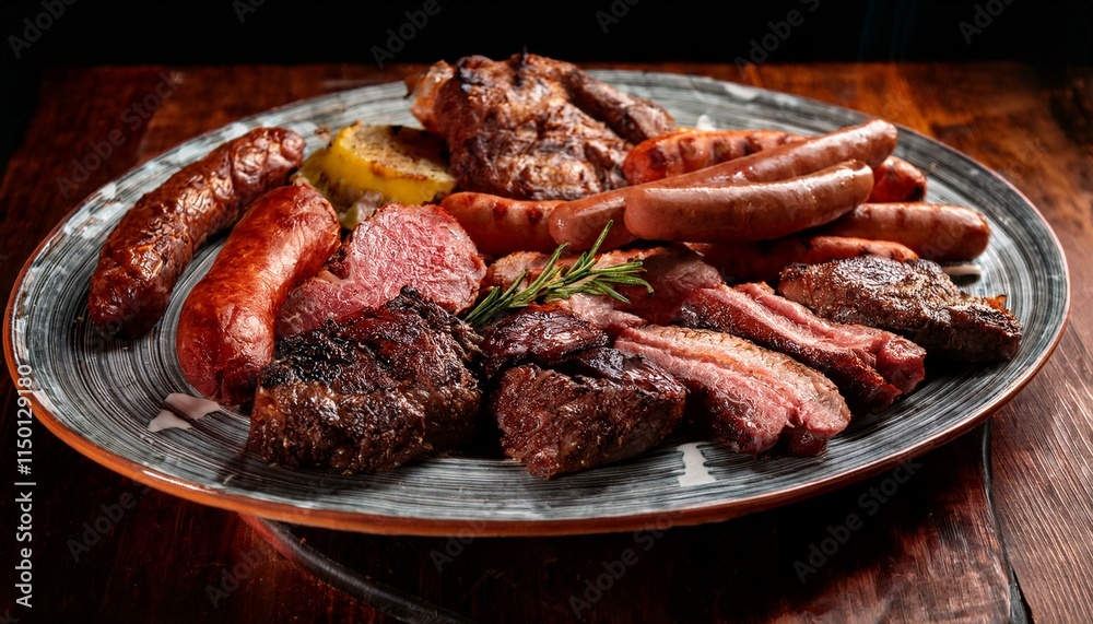 Generated image A beautifully plated Argentine asado with various cuts of grilled meat and sausages Generated image A beautifully plated Argentine asado with various cuts of grilled meat and sausages
