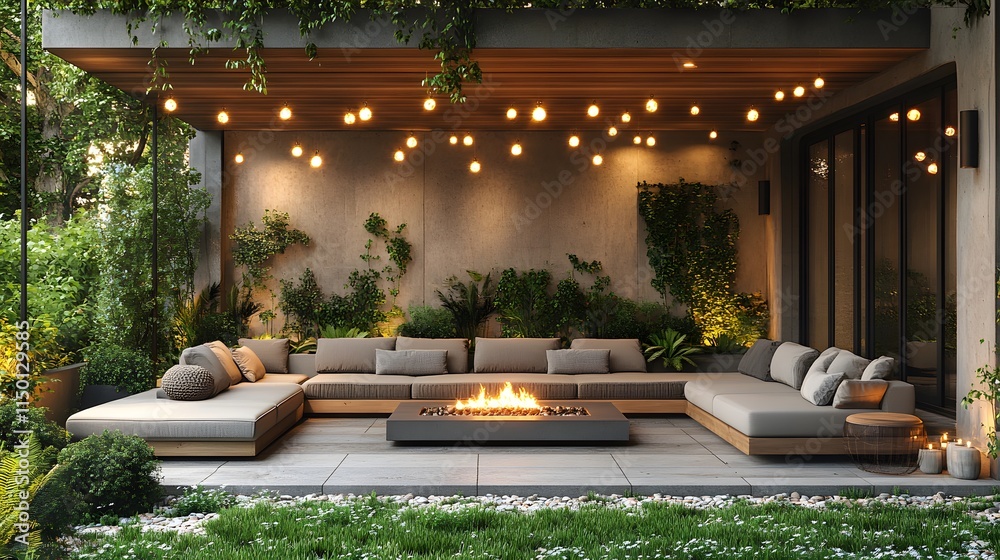 Obraz premium Cozy Patio with Fire Pit & String Lights