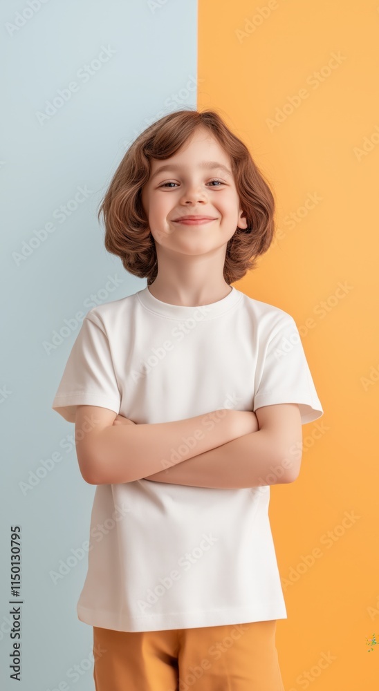 boy smiling wear white t shirt mockup studio on colorful background boy smiling wear white t shirt mockup studio on colorful background