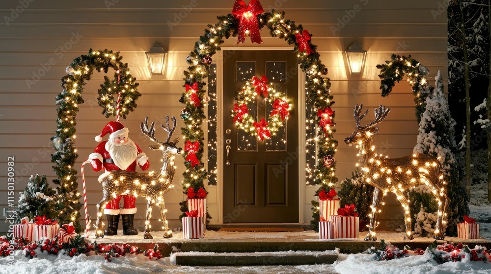 Fototapeta premium Festive Christmas House Exterior Decor with Santa, Reindeer, and Lights