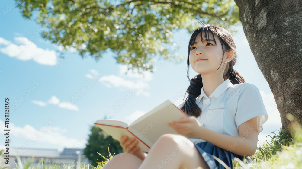 Japanese girl sitting on grass under the tree reading a book studying Japanese girl sitting on grass under the tree reading a book studying