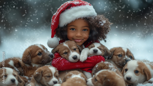 Afro girl wearing Santa Claus costume playing with puppies on the snow