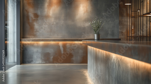 Modern Minimalist Reception Area with Ambient Lighting and Concrete Aesthetics