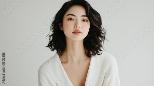 Elegant Asian Woman with Wavy Black Hair in White Sweater, Natural Beauty Portrait