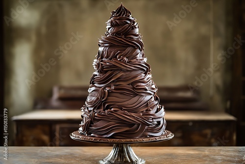 Elegant Chocolate Cake Swirled High Conical Shape photo