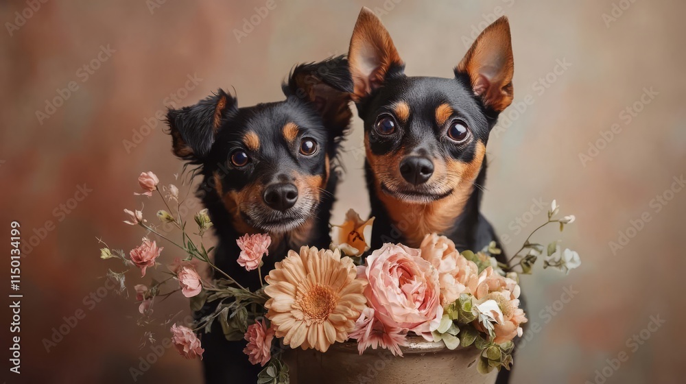 dog under a pretty flower vase