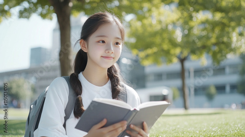 Korean girl sitting on grass under the tree reading a book studying