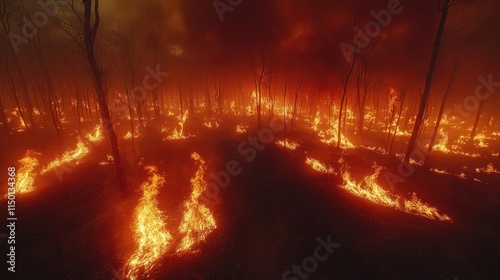 Fiery wildfire engulfing a forest at night. (1) photo