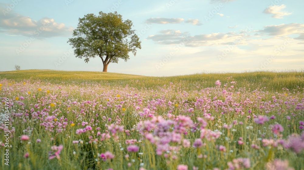 Solitary Tree in a Blooming Meadow Under a Peaceful Sky Solitary Tree in a Blooming Meadow Under a Peaceful Sky