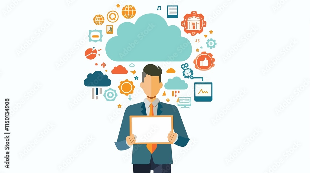 Businessman Holding Cloud Computing Banner, Modern Concept Businessman Holding Cloud Computing Banner, Modern Concept