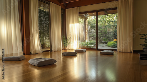 Tranquil Zen Meditation Room with Garden View: Natural Light and Minimalist Design for Mindfulness Practice