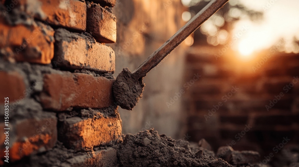 Fototapeta premium Construction Worker Applying Mortar on Brick Wall at Sunset