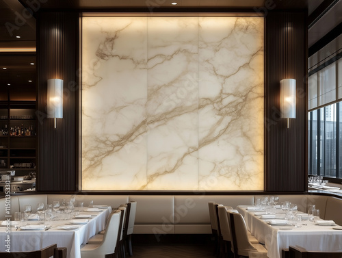 Luxurious Restaurant Interior with Stunning Marble Wall Feature and Elegant Table Settings