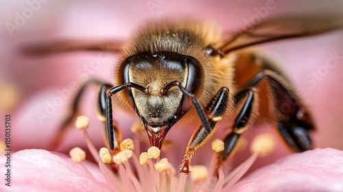 The bee's frontal view reveals its proboscis as it collects pollen from a pink flower. The rich details of the bee's eyes and wings are artistically captured. photo