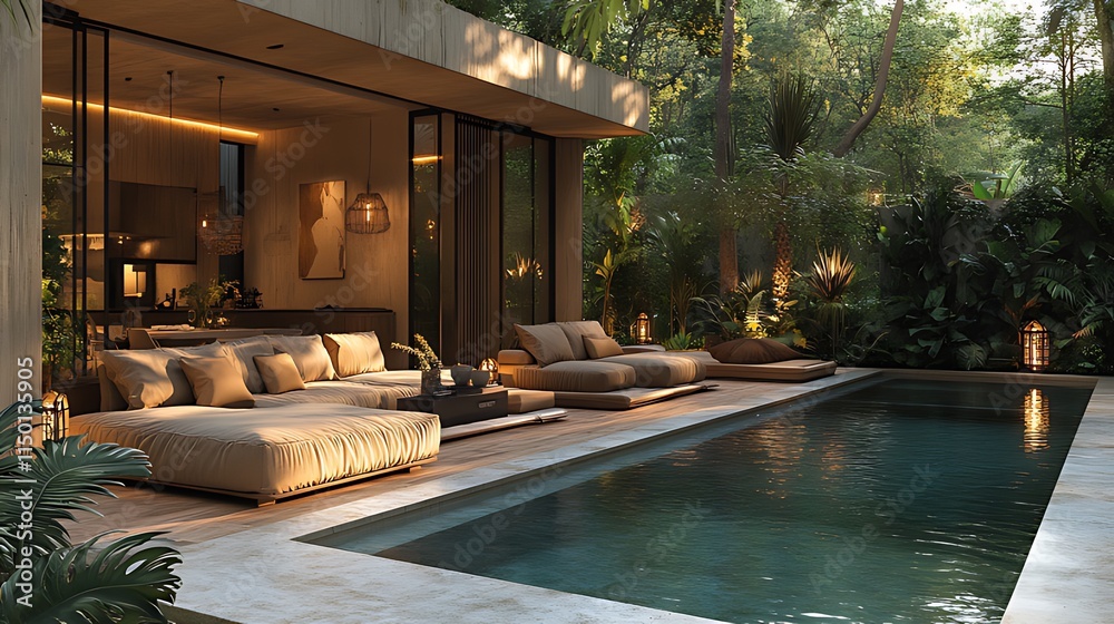 Obraz premium Modern tropical villa with infinity pool, patio furniture, and lush garden.