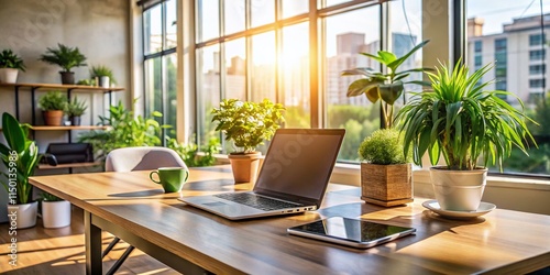 Modern Office Workspace: Desk, Plants, and Natural Light