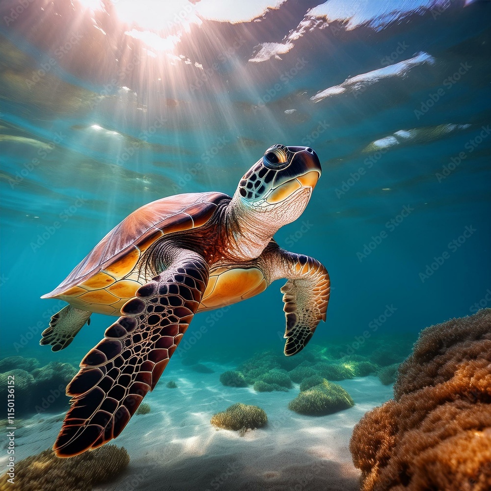Fototapeta premium Generated image A close-up of a sea turtle gracefully swimming through crystal-clear waters, with rays of sunshine