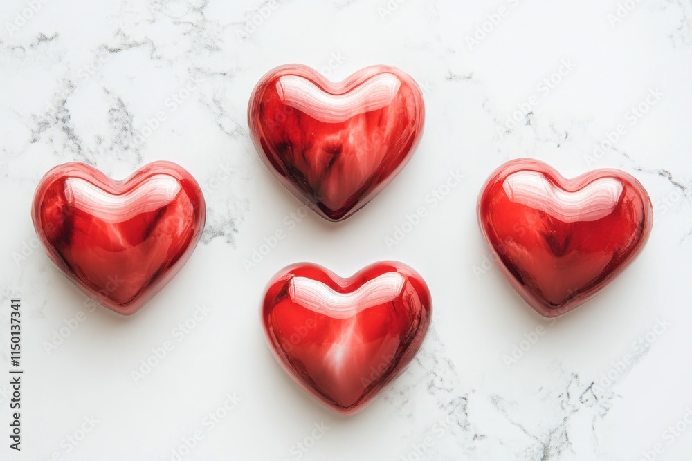 Fototapeta premium Four red heart-shaped chocolates on marble.