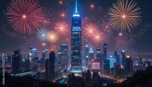 New Year Colorful Fireworks Over Modern Cityscape photo