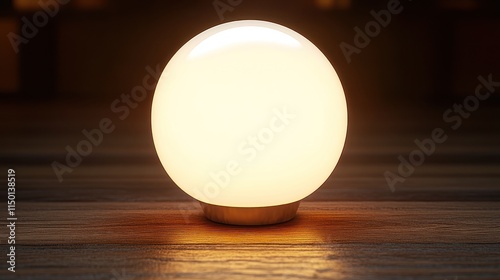 Glowing orb lamp on wooden surface.