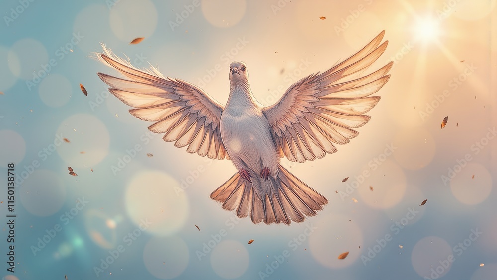 Fototapeta premium Dove flying gracefully in sunlight with blue sky background.