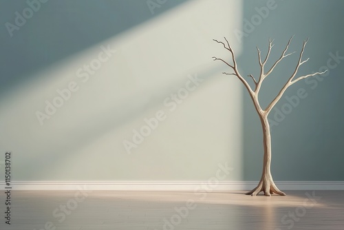 A minimalist tree in a serene indoor space.