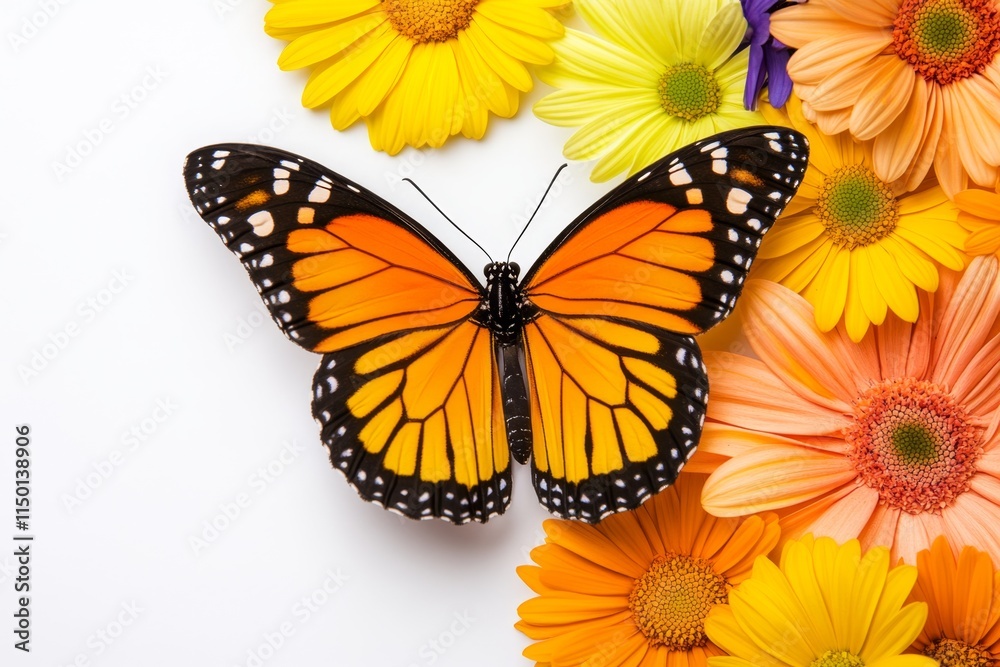 Obraz premium A whimsical depiction of a GMO-enhanced butterfly with glowing wings, flying over colorful flowers on a bright white backdrop