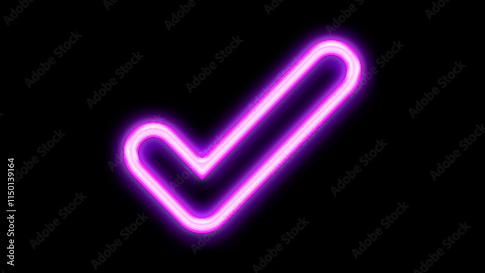 Check mark button icon neon glowing cut out isolated on black background