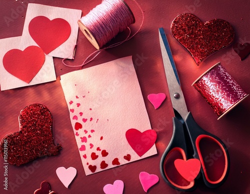 Generated image A creative DIY Valentine’s crafting station with scissors, glitter, heart stickers, and hand