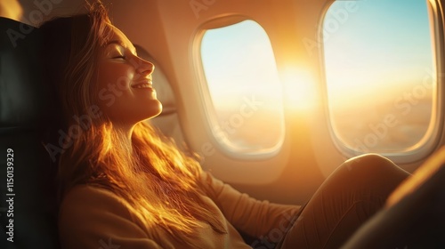 A woman relaxes in comfort, basking in the warm, golden light streaming through the airplane window, capturing a moment of peaceful reflection and joy. photo