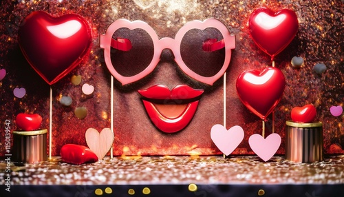 Generated image A creative Valentine’s Day photo booth setup with fun props like heart glasses, red lips